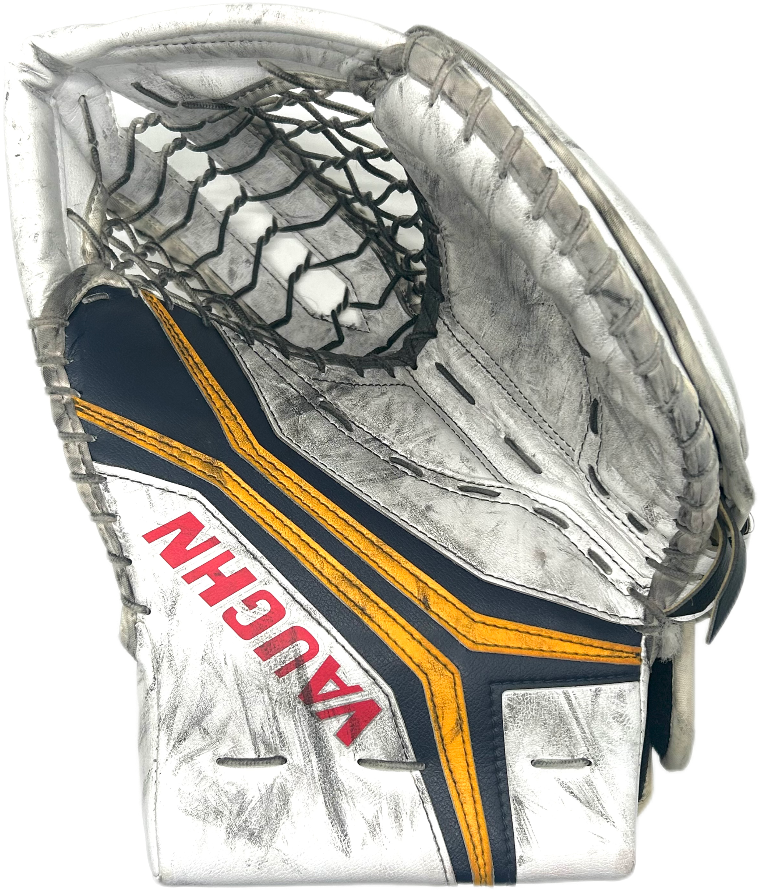 Vaughn Velocity V10 - Gant de gardien de but Pro Stock d'occasion (blanc/bleu marine/jaune)